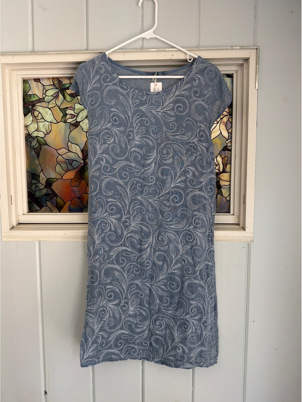 Valentina Naldi Blue Linen Embroidered Dress Size LARGE NWT